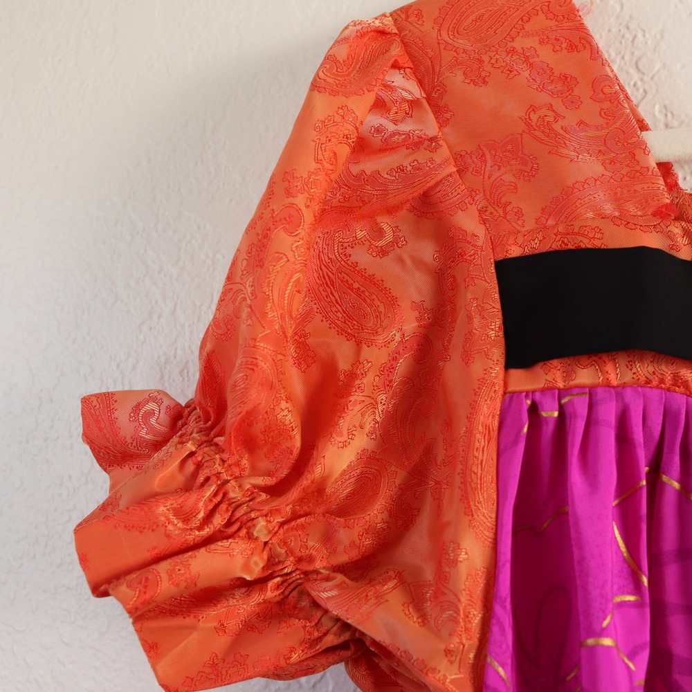 Vintage Handsewn Micronesian Dress Floral Orange Pink Square Neck Puff Sleeve - Picture 7 of 15